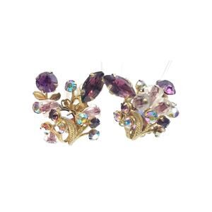 Vintage Amethyst Rhinestone & Aurora Borealis Crystal Clip on Earrings 1950s